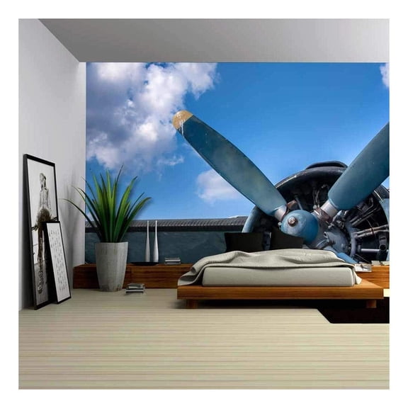 wall26 - Propeller and Engine of Vintage Airplane - Removable Wall Mural | Self-Adhesive Large Wallpaper - 100x144 inches