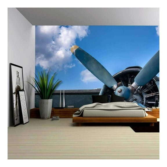 wall26 - Propeller and Engine of Vintage Airplane - Removable Wall Mural | Self-Adhesive Large Wallpaper - 66x96 inches