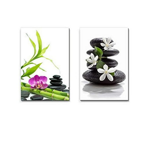 wall26 Purple Orchid with Bamboo and Black Stones Tiare Flowers with Zen Stone Spa Concept - Canvas Art Wall Art - 16"x24" x 2 Panels