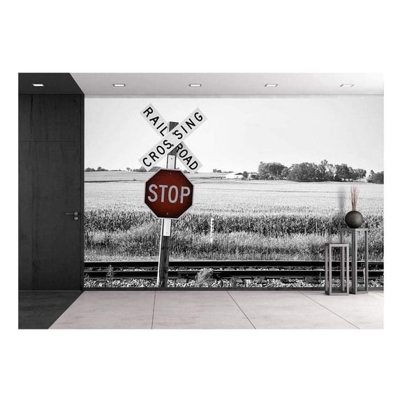 wall26 - Railroad Crossing with Stop Warning Sign - Removable Wall Mural | Self-Adhesive Large Wallpaper - 66x96 inches