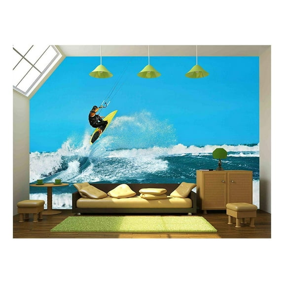 wall26 - Recreational Water Sports Action. Healthy Man (Surfer) Kiteboarding (Kite Surfing) on Waves in Sea, Ocean - Removable Wall Mural | Self-Adhesive Large Wallpaper - 100x144 inches