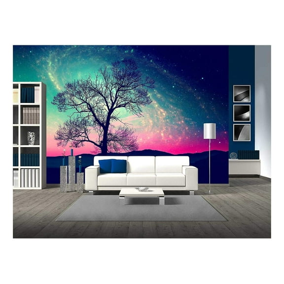 wall26 - Red Alien Landscape with Alone Tree Over The Night Sky with Many Stars - Removable Wall Mural | Self-Adhesive Large Wallpaper - 100x144 inches