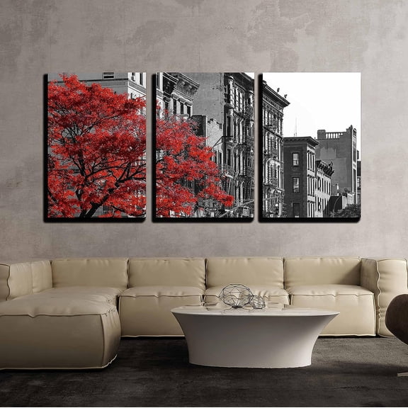 wall26 - Red Tree NYC Street Scene - Canvas Art Wall Art - 24"x36"x3 Panels