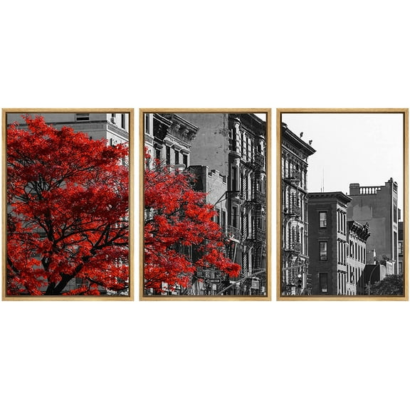 wall26 - Red Tree NYC Street Scene - Framed Canvas Art Wall Art - 16"x24"x3 Natural