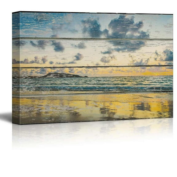 wall26 - Relaxing Beach Scene on a Rustic Wooden Background - Canvas Art Home Art - 24x36 inches