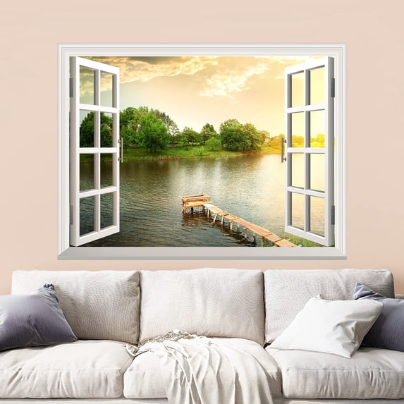 wall26 Removable Wall Sticker/Wall Mural - A Small Wood Pier for Fishing at a River | Creative Window View Wall Decor - 24 Inchx32 Inch