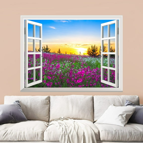 wall26 Removable Wall Sticker/Wall Mural - Beautiful Summer Sunrise Over a Blossoming Meadow | Creative Window View Wall Decor - 24"x32"