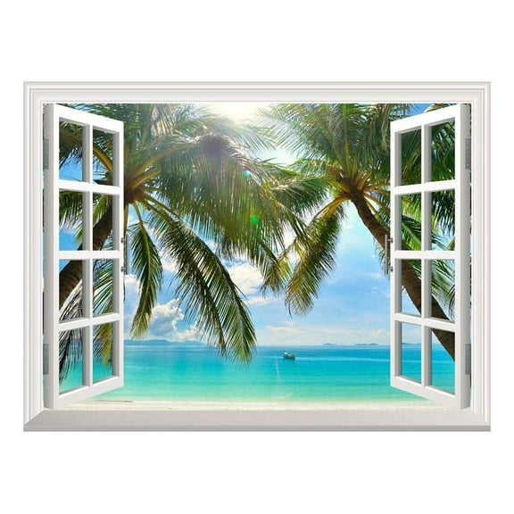 wall26 Removable Wall Sticker/Wall Mural - Beautiful Sunny Beach on a Tropical Island with Palm Trees | Creative Window View Home Decor/Wall Decor - 36"x48"