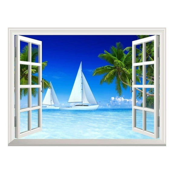 wall26 Removable Wall Sticker/Wall Mural - Beautiful Tropical Scenery of Sailboats on Beach and Palm Tree | Creative Window View Home Decor/Wall Decor - 24"x32"