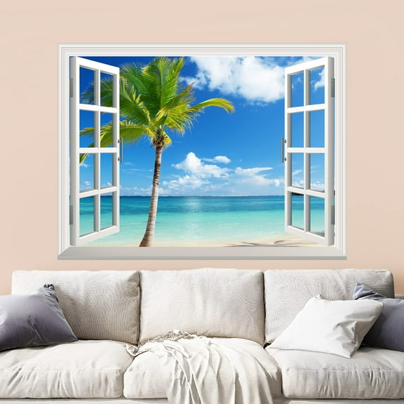 wall26 Removable Wall Sticker/Wall Mural - Beautiful Tropical View of Palm Tree on The Beach | Creative Window View Wall Decor - 36 Inchx48 Inch