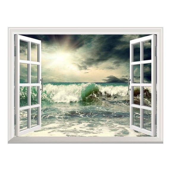 wall26 Removable Wall Sticker/Wall Mural - Beautiful View of Stormy Seascape with Wave | Creative Window View Home Decor/Wall Decor - 24"x32"