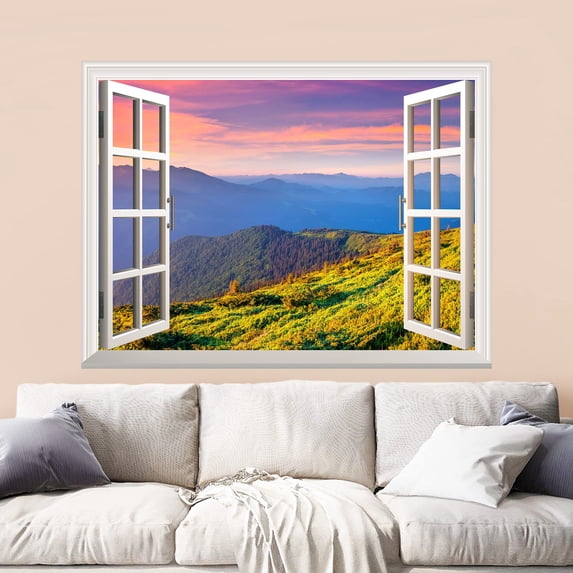 wall26 Removable Wall Sticker/Wall Mural - Beautiful View of Mountain Range at Sunrise | Creative Window View Wall Decor - 24 Inchx32 Inch