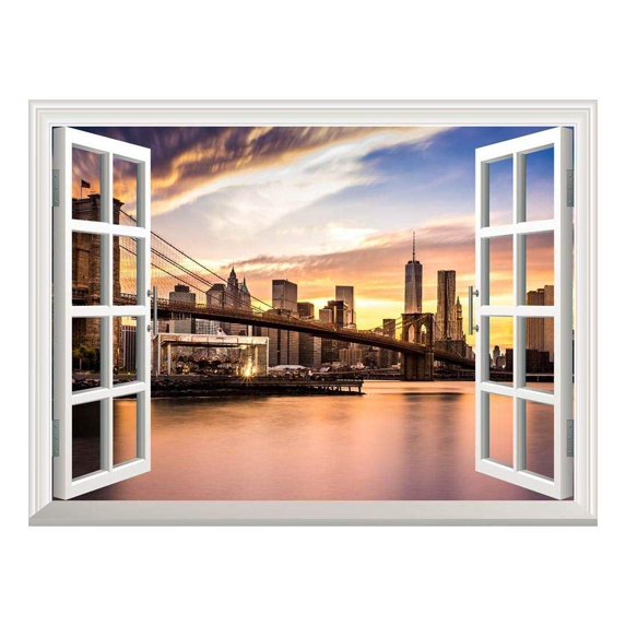 wall26 Removable Wall Sticker/Wall Mural - Brooklyn Bridge at Sunset Viewed from Brooklyn Bridge Park | Creative Window View Home Decor/Wall Decor - 24"x32"
