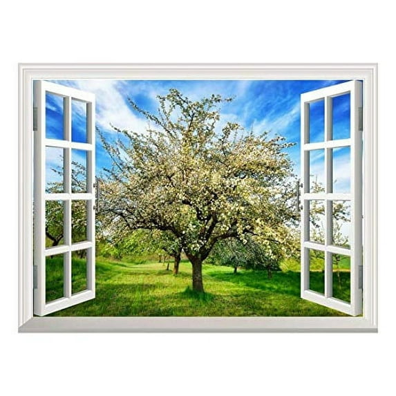wall26 Removable Wall Sticker/Wall Mural - Idyllic Rural Landscape in Spring with a Beautifully Blossoming Apple Tree | Creative Window View Home Decor/Wall Decor - 24"x32"