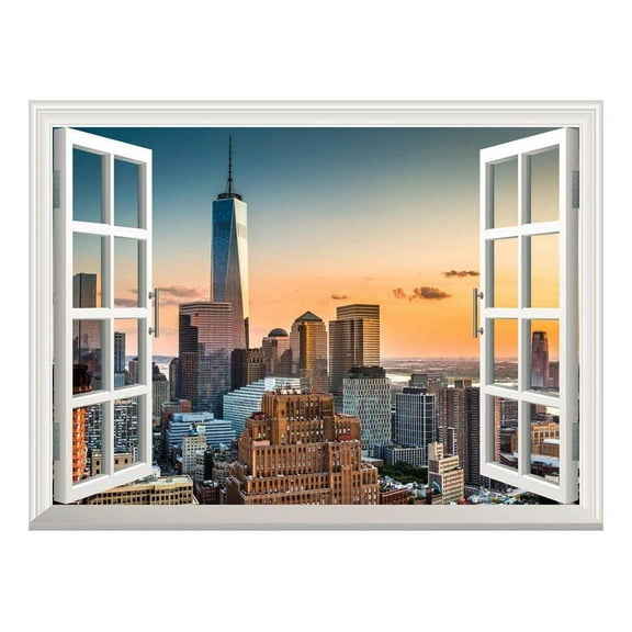 wall26 Removable Wall Sticker/Wall Mural - Lower Manhattan Skyline at Sunset | Creative Window View Home Decor/Wall Decor - 36"x48"