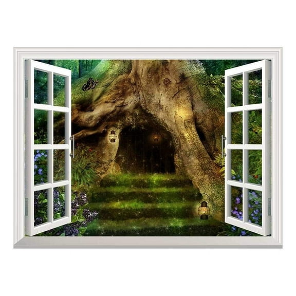 wall26 Removable Wall Sticker/Wall Mural - Old Tree in The Forest with a Little House in It's Roots | Creative Window View Home Decor/Wall Decor - 36"x48"
