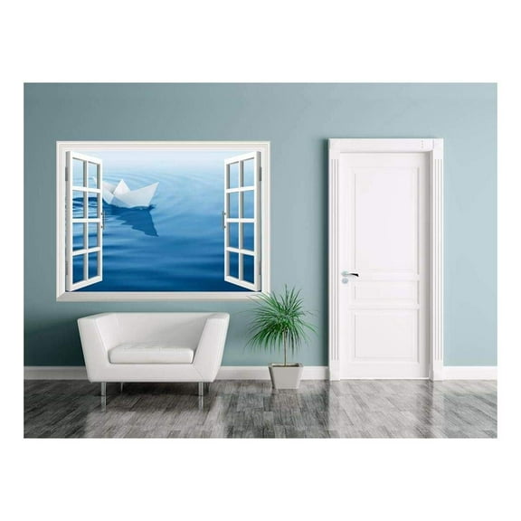 wall26 Removable Wall Sticker/Wall Mural - Paper Boat Sailing on Blue Water Surface | Creative Window View Home Decor/Wall Decor - 36"x48"