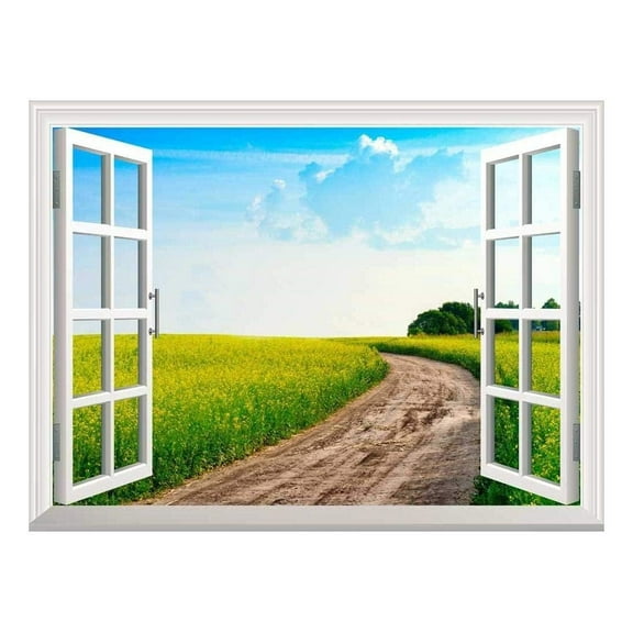 wall26 Removable Wall Sticker/Wall Mural - Peaceful Summer Rural Landscape in Wide Field with Country Road | Creative Window View Home Decor/Wall Decor - 36"x48"