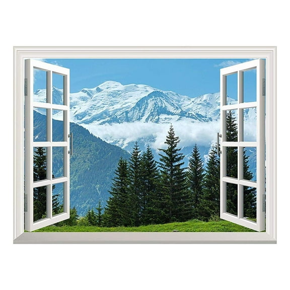 wall26 Removable Wall Sticker/Wall Mural - Snow Mountain and Pine Trees out of the Open Window Creative Wall Decor- 36"x48"