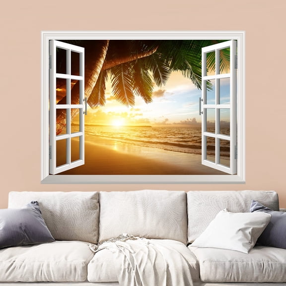 wall26 Removable Wall Sticker/Wall Mural - Sunrise on Caribbean Beach | Creative Window View Wall Decor - 24"x32"