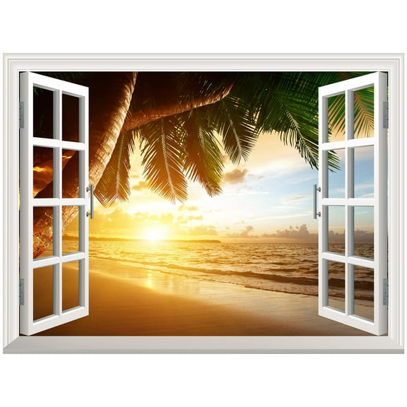 wall26 Removable Wall Sticker/Wall Mural - Sunrise on Caribbean Beach | Creative Window View Wall Decor - 36"x48"