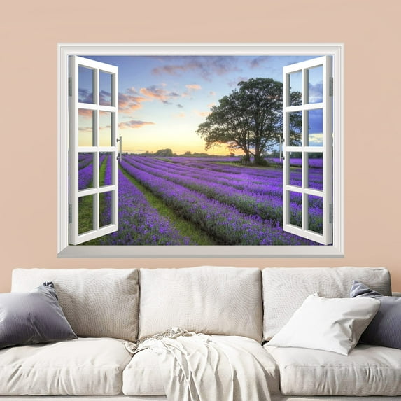 wall26 Removable Wall Sticker/Wall Mural - Sunrise on a Purple Filed | Creative Window View Wall Decor - 24"x32"