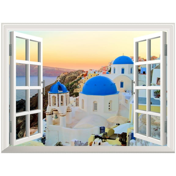 wall26 Removable Wall Sticker/Wall Mural - Sunset View of The Blue Dome Churches of Santorini, Greece | Creative Window View Home Decor/Wall Decor - 36"x48"