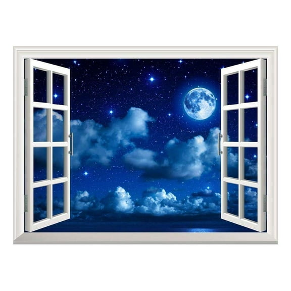wall26 Removable Wall Sticker/Wall Mural - Super Moon in Starry Sky with Clouds and Sea | Creative Window View Home Decor/Wall Decor - 24"x32"