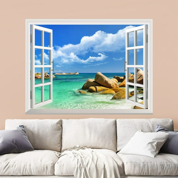 wall26 Removable Wall Sticker/Wall Mural - Tropical Landscape Seychelles Paradise | Creative Window View Wall Decor - 24"x32"