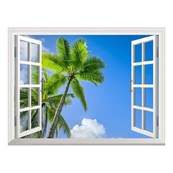wall26 Removable Wall Sticker/Wall Mural - Tropical Landscape of Two Palm Trees in The Blue Sunny Sky | Creative Window View Home Decor/Wall Decor - 36"x48"