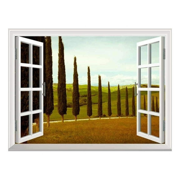 wall26 Removable Wall Sticker/Wall Mural - Tuscan Countryside with Cypress and Meadow | Creative Window View Wall Decor - 36"x48"