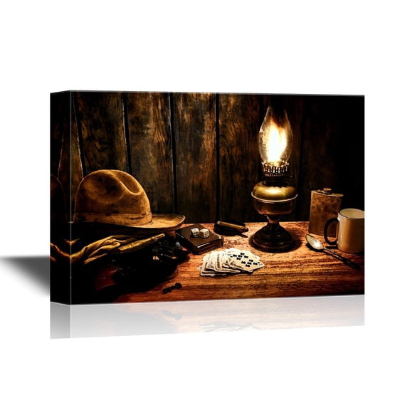 wall26 Retro Style Canvas Wall Art - American West Legend Cowboy Everyday Items in a Nostalgic Americana Scene - Gallery Wrap Modern Home Art | Ready to Hang - 32x48 inches