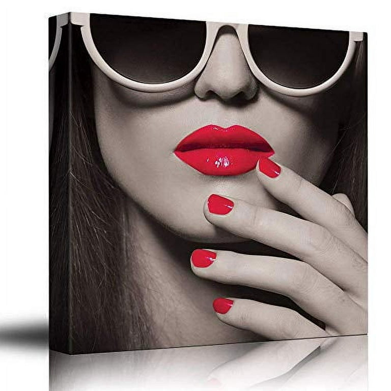 wall26 Romance Series - Black White and red Color pop - Woman with Bright  red Lipsticks and Fingernails - Love and Beauty - Canvas Art Home Decor 
