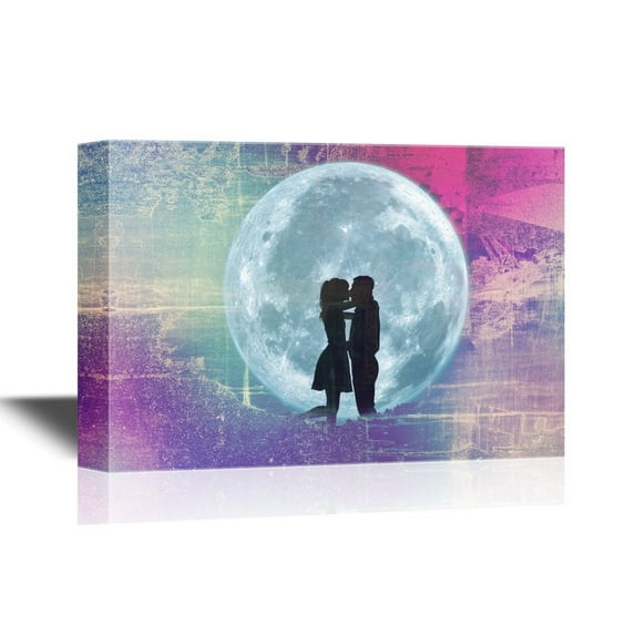 wall26 Romantic Canvas Wall Art - Lovers Under The Full Moon - Gallery Wrap Modern Home Art | Ready to Hang - 24x36 inches