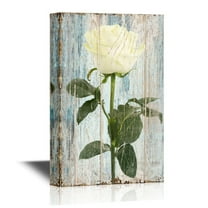 wall26 - Roses Canvas Wall Art - Beautiful White Rose on a Rustic Wood Style Background - Gallery Wrap Modern Home Art | Ready to Hang - 16x24 inches