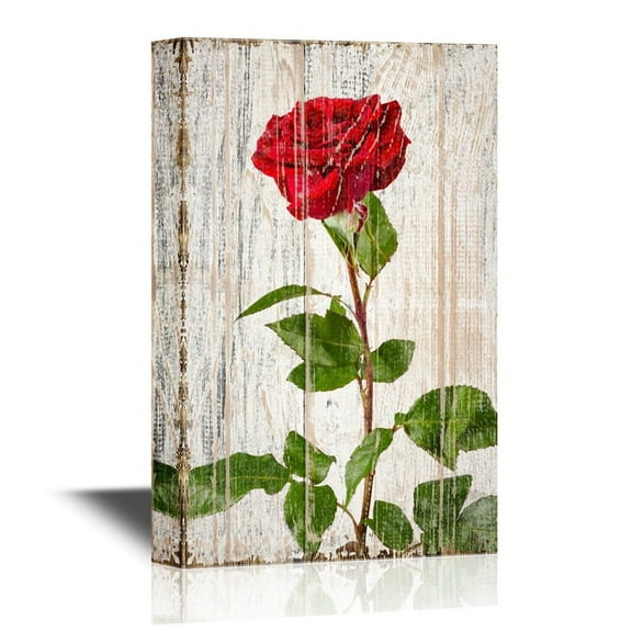 wall26 - Roses Canvas Wall Art - Red Rose on Wood Texture Background - Gallery Wrap Modern Home Art | Ready to Hang - 32x48 inches
