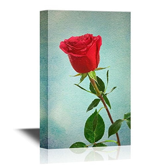 wall26 - Roses Canvas Wall Art - Single Scarlet Rose on a Blue Background - Gallery Wrap Modern Home Art | Ready to Hang - 12x18 inches