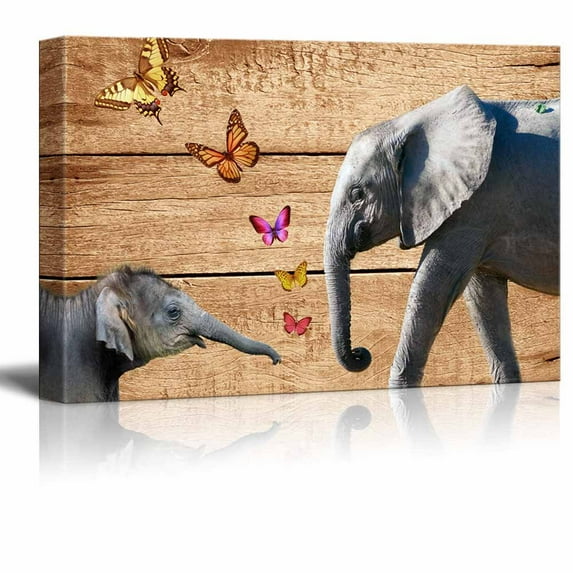 wall26 - Rustic Canvas Wall Art - Elephants and Butterflies on Vintage Wood Background - Giclee Print Modern Wall Art | Stretched Gallery Wrap Ready to Hang Home Decoration - 16x24 inches