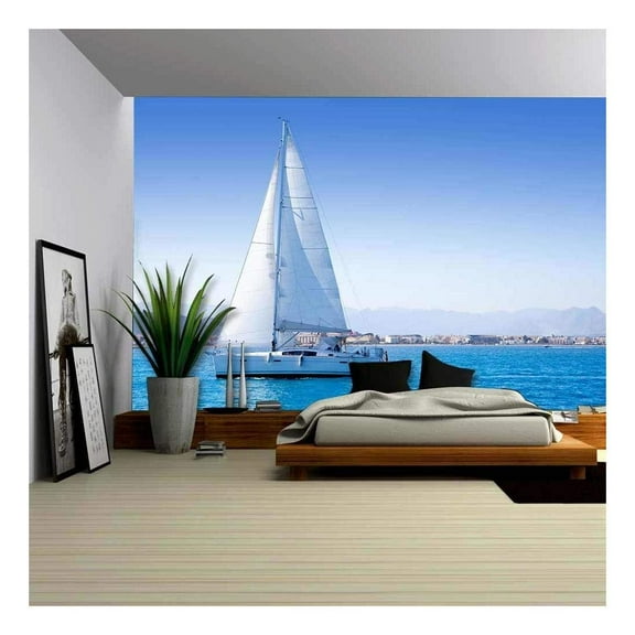 wall26 - Sailboat Sailing in Mediterranean Sea in Denia Blue Mediterranean - Removable Wall Mural | Self-Adhesive Large Wallpaper - 66x96 inches