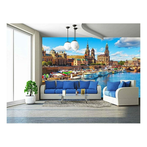 wall26 - Scenic Summer View of The Old Town Architecture with Elbe River - Removable Wall Mural | Self-Adhesive Large Wallpaper - 66x96 inches