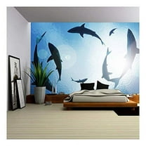 wall26 - School of Sharks Circling from Above - Removable Wall Mural | Self-Adhesive Large Wallpaper - 100x144 inches