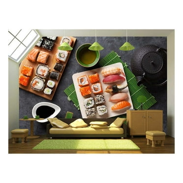 wall26 - Set of Sushi and Maki Roll and Green Tea on Stone Table. Top View - Removable Wall Mural | Self-Adhesive Large Wallpaper - 66x96 inches