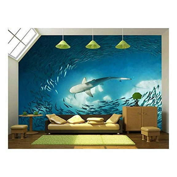 wall26 - Shark and Small Fishes in Ocean - Nature Background - Removable Wall Mural | Self-Adhesive Large Wallpaper - 100x144 inches