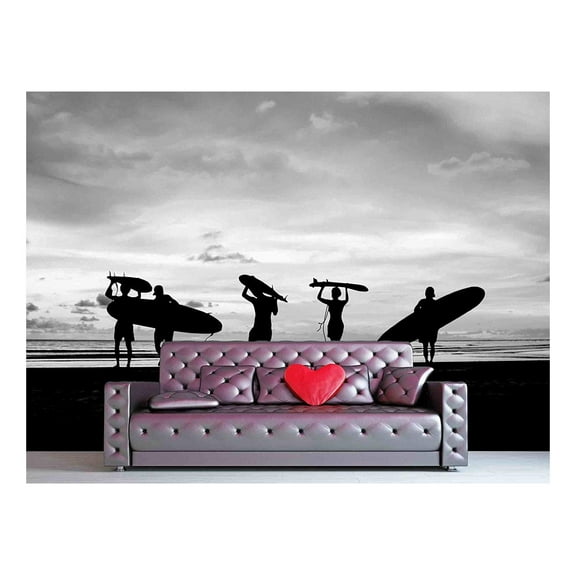 wall26 - Silhouette of Surfer People Carrying Their Surfboard on Sunset Beach, Black and White Color - Removable Wall Mural | Self-Adhesive Large Wallpaper - 100x144 inches