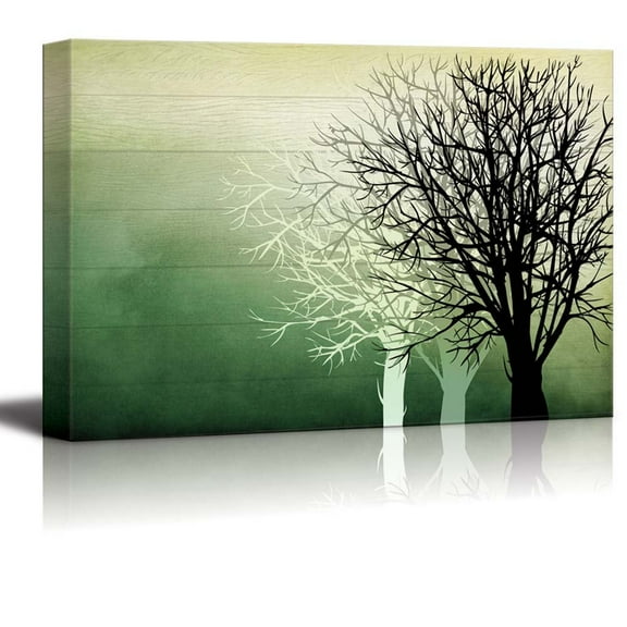 wall26 - Silhouette Trees Over Green Watercolor Wood Panels - Canvas Art Home Art - 12x18 inches