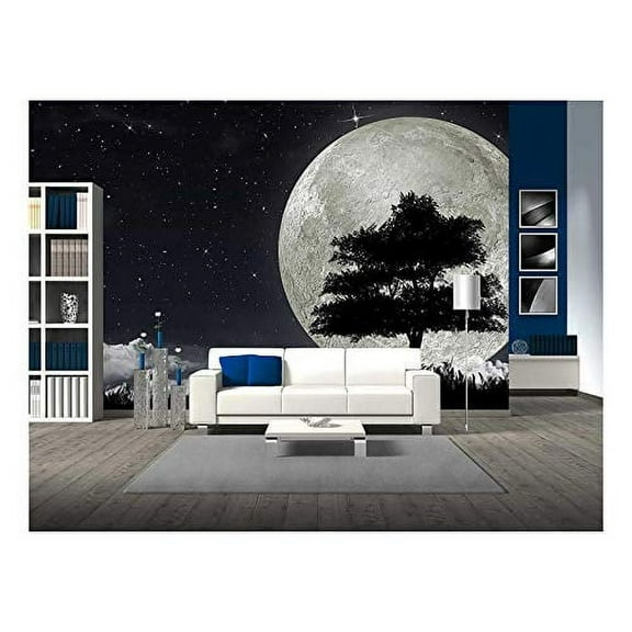 wall26 - Silhouette of a Tree Against The Big Moon and The Star Night Sky. - Removable Wall Mural | Self-Adhesive Large Wallpaper - 66x96 inches