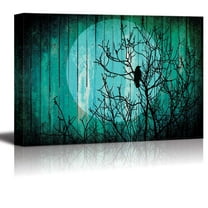 wall26 - Silhouette of a Tree with a Crow on The Branches and The Moon on The Back Over Teal Wood Panels - Canvas Art Home Art - 24x36 inches