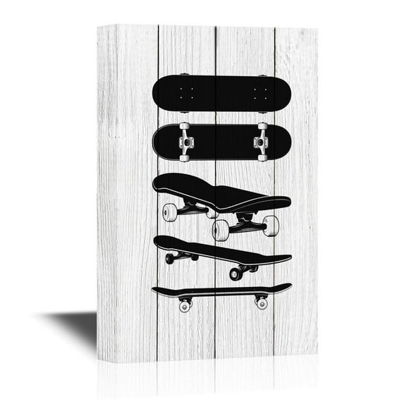 wall26 - Skateboard Canvas Wall Art - Black Skateboards on Wood Style Background - Gallery Wrap Modern Home Art | Ready to Hang - 24x36 inches
