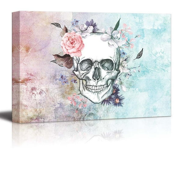 wall26 Sketched Skull with a Flower Crown on a Vintage Styled Background - Canvas Art Home Art - 12x18 inches