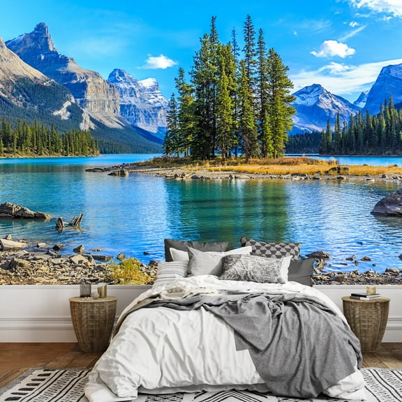 wall26 - Spirit Island in Maligne Lake - Removable Wall Mural | Self-Adhesive Large Wallpaper - 66x96 inches